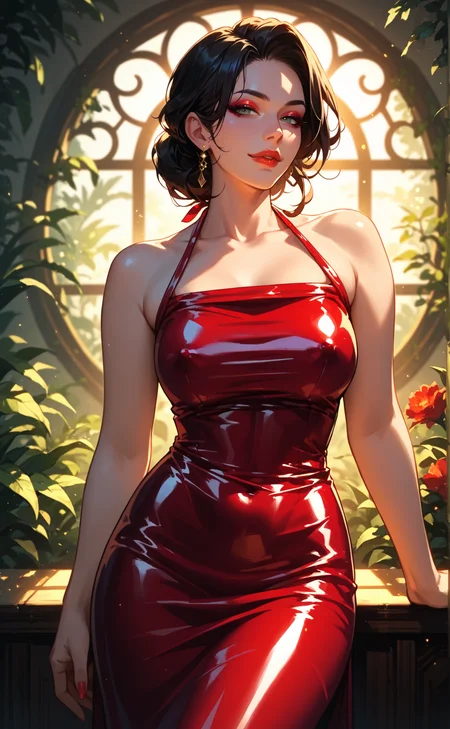 score_9, score_8_up, score_7_up, score_6_up, mature female, solo,  source_anime, resting bitch face eyeliner, eyeshadow, makeup, red lips  covered nipples, see-through vibrant latex dress, pose, halterneck, god rays,atmospheric lighting,  <lora:WITRD-45-PDXL:0.9> hiu