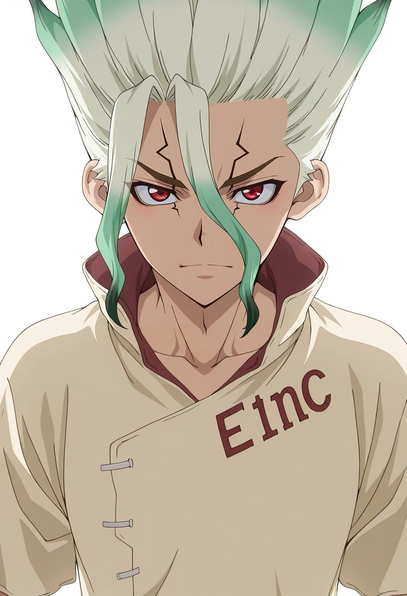 masterpiece, best quality, intricate details, anime screencap, anime coloring, official style, looking at viewer, 1boy, solo, male focus, <lora:senkuu_ishigami_ilxl:0.9>, senkuu_ishigami, green hair, red eyes, multicolored hair, two-tone hair, white hair, facial mark, ,