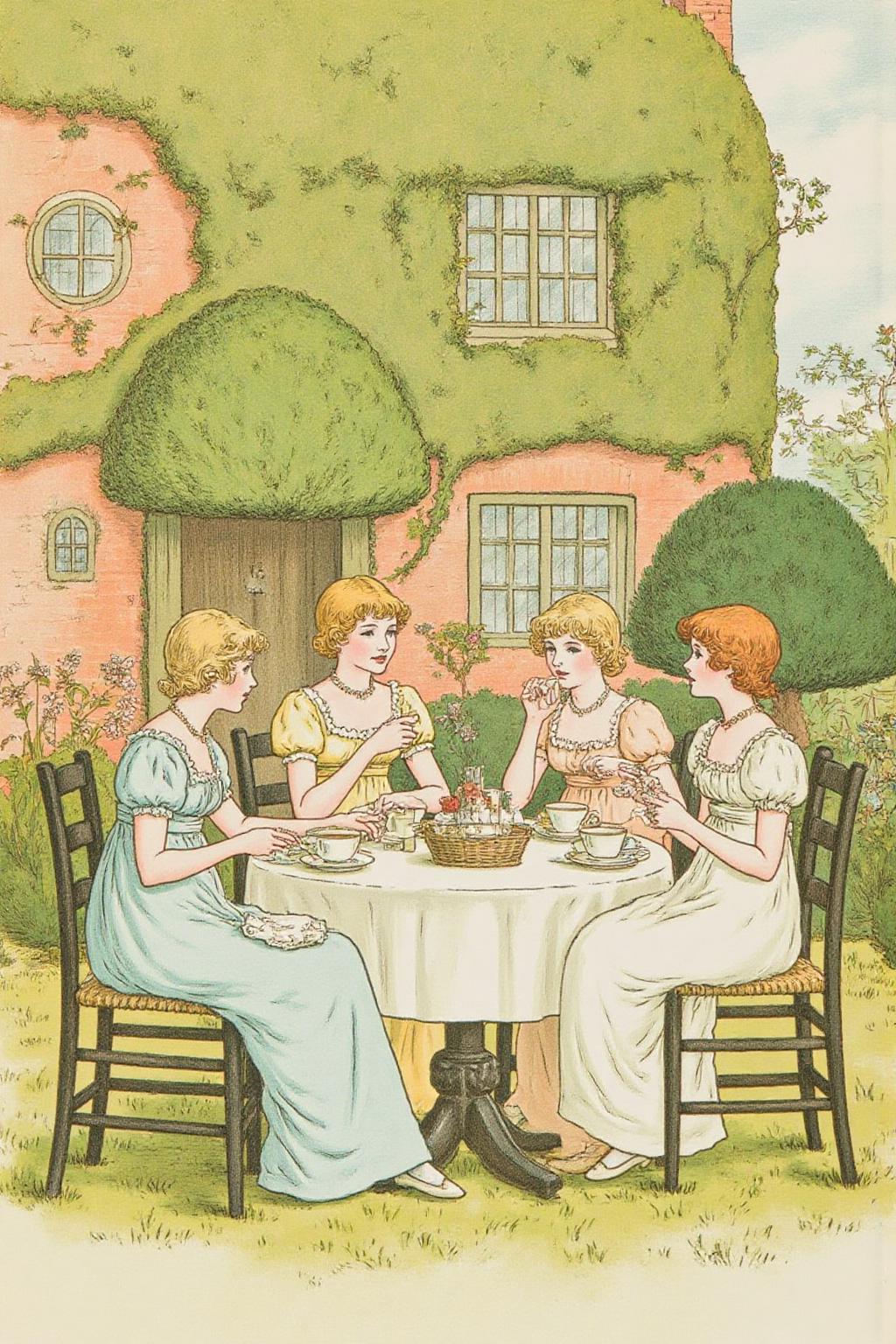 kategreenaway1 illustration. 
A group of young women are seated around a table, engaged in a tea party. The table is set with a white tablecloth and various teacups, a teapot, and a small basket. The women are dressed in elegant, Victorian-era dresses, with one woman wearing a light blue dress and another in a white dress with puffed sleeves. The setting is a charming garden with a large, leafy bush and a quaint house with a window and a door in the background. Part of the house is covered with green vines and plants. <lora:kategreenaway1_f16e6:1.0><lora:870387567470607336:0>