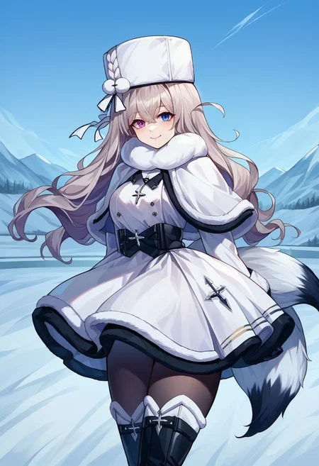 score_9, score_8_up, source_anime, 1girl, solo, Murmansk, heterochromia, fox tail, two tails, grey hair, long hair, fur hat, hat ornament, fur-trimmed capelet, necklace, white dress, fur-trimmed dress, black corset, black pantyhose, black thigh boots, fur-trimmed boots, smile, outdoors, snow, winter, <lora:ChamMurmanskPonyXL:1>