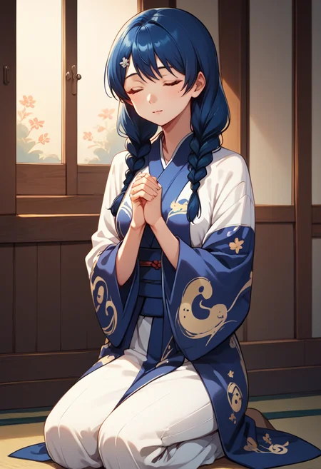 (tadokoro megumi),
score_9, score_8_up, score_7_up,masterpiece, best quality, ultra detailed, Generate a picture of a girl kneeling and praying in front of a buddha, she is wearing a yin_yang_print robe, white pants, closed eyes with hands folded in front. face to buddha, back view.
A Japanese 1girl has blue hair which was bound into twin braids, yellow eyes and brown pupils, round face, (tender and slender:1.21) body with medium breasts, , <lora:TadokoroMegumi_Pony_r1:1>