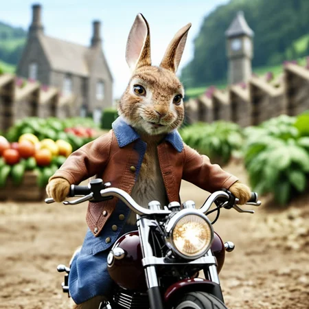PeterRabbit1024, full body, leather jacket, riding a motorcycle , detailed eyes, highly detailed, photography, ultra sharp, film, bokeh, professional, 4k <lora:add-detail-xl:1.5> <lora:PeterRabbit1024-000315:0.8>