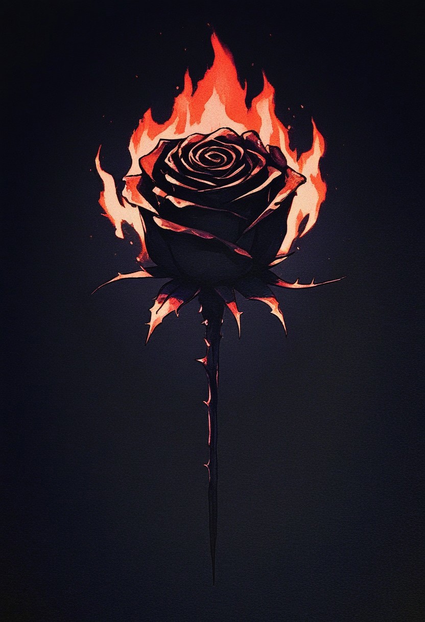 DRKWB, rose, flower, no humans, black flower, fire, black rose, still life, burning, black background, simple background, thorns, gradient, gradient background