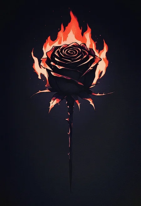 DRKWB, rose, flower, no humans, black flower, fire, black rose, still life, burning, black background, simple background, thorns, gradient, gradient background