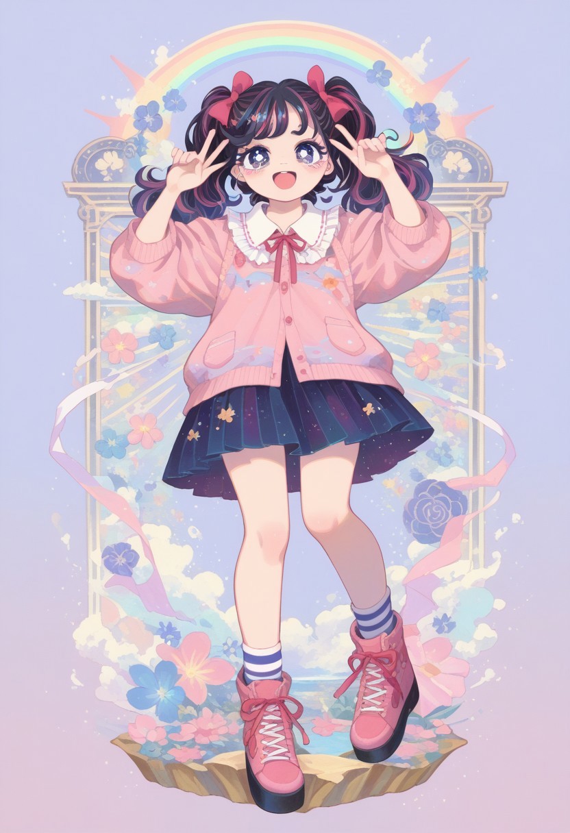 score_9, score_8_up, score_7_up,
masterpiece, best quality, detailed, amazing quality,
detailed background,
detailed eyes, clean eyes, 
dynamic pose, full body, happy,
solo, 1woman, woman,
easynegative, pastel colours, cute