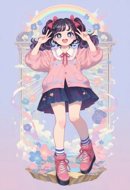 score_9, score_8_up, score_7_up,
masterpiece, best quality, detailed, amazing quality,
detailed background,
detailed eyes, clean eyes,
dynamic pose, full body, happy,
solo, 1woman, woman,
easynegative, pastel colours, cute