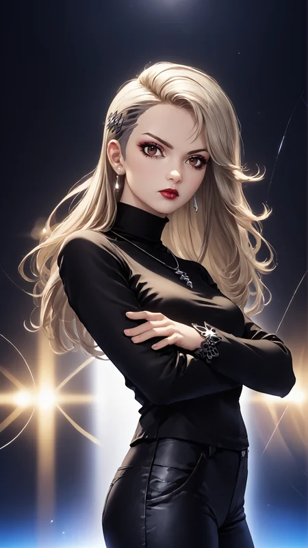 <lora:persona5_saeniijima_ponyXL:0.8> saeniijima, 1girl, grey-blonde hair, sidecut, undercut, long hair, medium breasts, makeup, lipstick, hair ornament, brown eyes, black jacket, long sleeves, black sweater, turtleneck sweater, black pants, earrings, necklace, § necklace, crossed arms, from side, looking at viewer, <lora:RealisticAnime:0.8> (ultra realistic, 32k, masterpiece:1.2), (high detailed skin:1.1), (high quality:1.1), bokeh, luminescent background, score 9, score 8 up, score 7 up, score 6 up, score 5 up, score 4 up, BREAK,