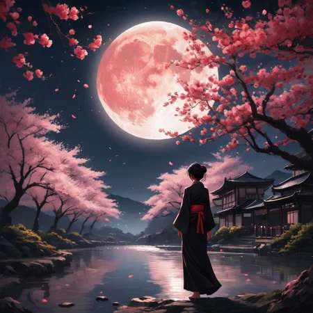 A serene night in the Japanese countryside, (person looking up) at a bright full moon, (moonlight illuminating) the figure and the surrounding cherry blossom trees in full bloom, (petals gently falling) create a tranquil atmosphere, (red and black aesthetic), ultra-detailed, cinematic lighting, enchanting ambiance, softly glowing moonlit sky, delicate petals dancing in the breeze, peaceful and reflective mood.
