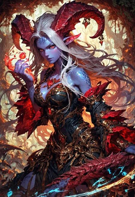 (score_9, score_8_up), score_7_up, zPDXL, solo, <lora:MythAnim3Style:0.8>, MythAn1m3, source_anime, monster girl, very beautiful, wizard, black robe, red trim, long hair, horns, scales, blue and purple gradient skin, magic on finger, in the forest, fantasy, solo focus,epic, concept art, realistic, highly detailed