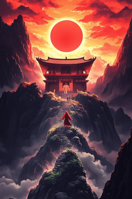 This is a digital artwork in the style of ckgr,
Inkpunk Anime, inksketch in red and black, image of shinto shrine on top of a mountain, long flight of steps up to it, canyon, ravine, sunset, mist