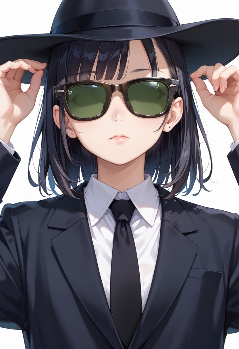 score_9, score_8_up, score_7_up, rating_safe, masterpiece, best quality, absurdres, unity 8k wallpaper, official art, official style, source_anime, uncensored, game cg, megami magazine,
1girl, solo, black hair, medium hair, upper body, covered eyes,sunglasses, formal, suit, black suit, necktie, black necktie, black fedora, black hat,
sg_WAYFARER, sunglasses, covered eyes, white background, simple background, darkgreen tinted eyewear, black-framed eyewear, 
 <lora:glasses_wayfarer_PONY_V1:1>