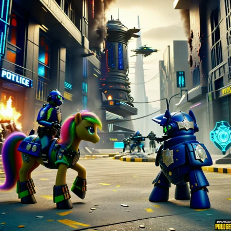 4k, everything is technology, extremely detailed wide view of amazing scene, ((futuristic dalek next to a police office pony)), ((advanced warfare)), ((high-tech combat)), ((military technology)), in ((futuristic highly detailed cyber)) with ((war-torn setting)), ((battlefield environment)), ((styled with advanced aesthetic)), ((featuring high-tech military design)), ((military precision)), ((advanced technology)), ((futuristic warfare)), with ((futuristic shield effects)), ((combat chaotic atmosphere)), ((battlefield ambiance)), ((war-torn environment)), (HD, masterpiece, best quality, hyper detailed, ultra detailed, super realistic),amazing, combinestyle, Pony_MLP_v1.8SDXL, ral-ltlpowny, add-detail-xl<lora:sdxl\morph\CombineStyle-HalfLife2-SDXL.safetensors:1.02:1.02> <lora:sdxl\character\Pony_MLP_v1.8SDXL.safetensors:1.0:1.0> <lora:sdxl\character\ral-ltlpowny-sdxl.safetensors:1.07:1.07> <lora:sdxl\enhancment\add-detail-xl.safetensors:0.6:0.6>