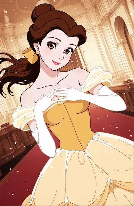 Kizustyle, 1girl, medium breasts, bow, brown hair, brown eyes, yellow dress, off-shoulder dress, white shirt, long dress, elbow gloves, jewelry, ponytail, single hair bun, lipstick, floating hair, makeup, light smile, dutch angle, cute pose, happy, looking at viewer, princess castle, indoors, elegant room, portrait, dynamic pose, cowboy shot, hand on chest, head tilt, light particles, from side