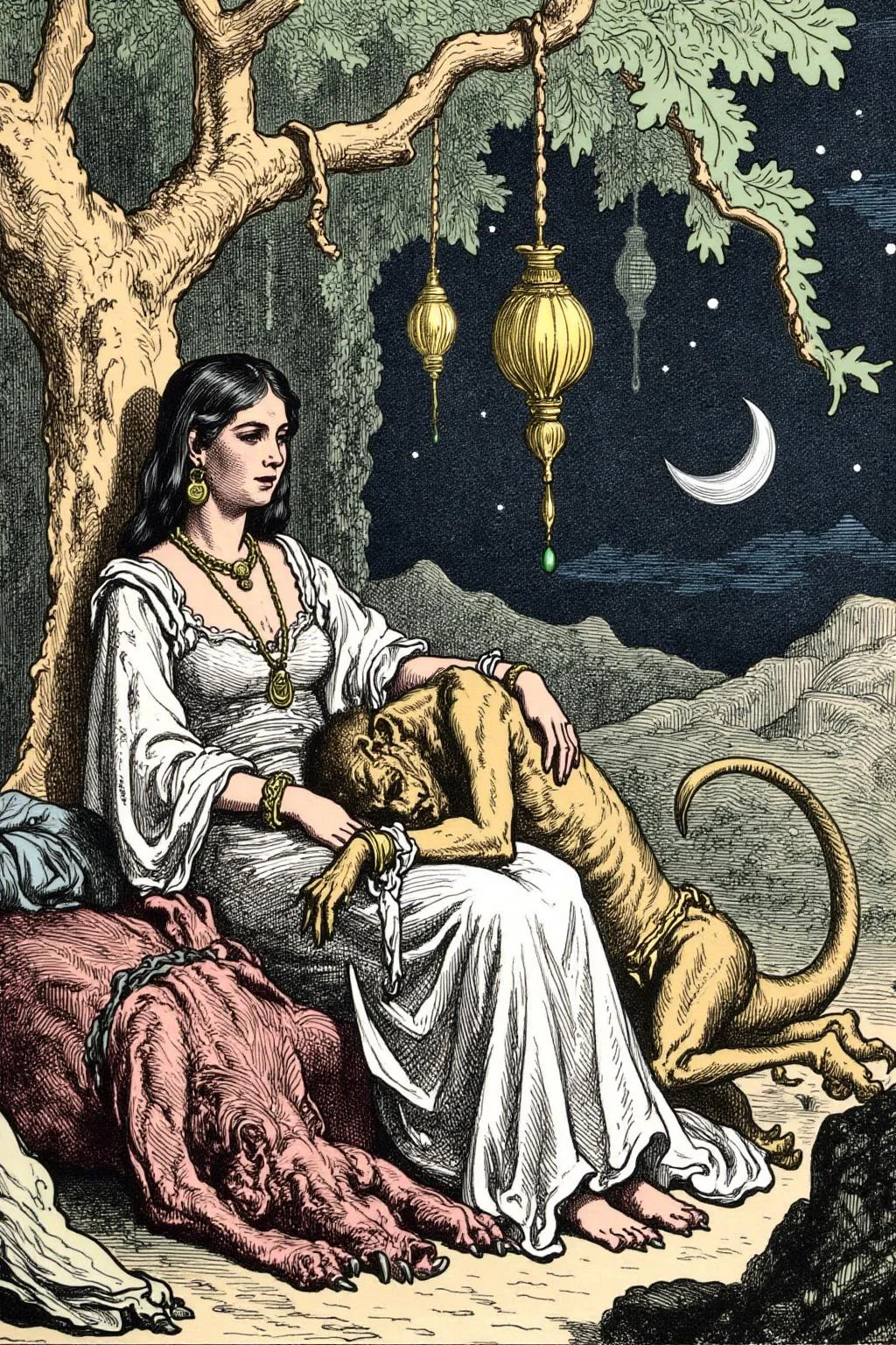 Black and white gusdore1illustration of a scene from Arabian Nights, rendered in intricate, colorful detail. A beautiful woman and a sleeping demon. The woman sits gracefully under a sprawling tree with lush, curving branches and hanging vines. She has striking, almond-shaped eyes, dark flowing hair, and wears elegant traditional attire with ornate jewelry that glimmers softly under the moonlight. Her expression is calm and serene as she gazes thoughtfully into the distance. Resting his head gently on her lap is a large demon with a powerful, otherworldly presence. The demon, though fearsome in size, appears vulnerable as he lies beside her. His skin has a muted, earthy tone, and his features--sharp and beastly--are softened by a look of weary contentment. His claws are retracted, and he exudes a mixture of strength and peace in her presence. The tree's twisted branches arc above them, framing the scene like a natural canopy. Golden lamps hang from the tree, casting warm, soft light, illuminating the two figures in a magical glow. The background is a deep, starry night, with hints of distant desert dunes and a crescent moon overhead, creating an enchanting and mystical ambiance that draws the viewer into this world of fantasy and myth. <lora:gusdore1_nocap_d4a2e8:1.0><lora:800981963281336297:0>