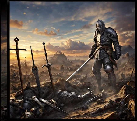 RAW photo, (masterpiece:1.3), subsurface scattering, heavy shadow, (high quality:1.4), (intricate, high detail:1.2), professional photography, HDR, High Dynamic Range, realistic, ultra realistic, photorealistic, high resolution, film photography, ambient lighting, atmospheric effects, <lora:detail_slider_v4:2>, OverallDetail, <lora:Battlefield:1>,1boy, 1girl, armor, battlefield, cloud, cloudy sky, day, helm, helmet removed, holding weapon, knight, outdoors, planted, planted sword, polearm, scenery, sky, solo, standing, sword, weapon, epiCPhoto