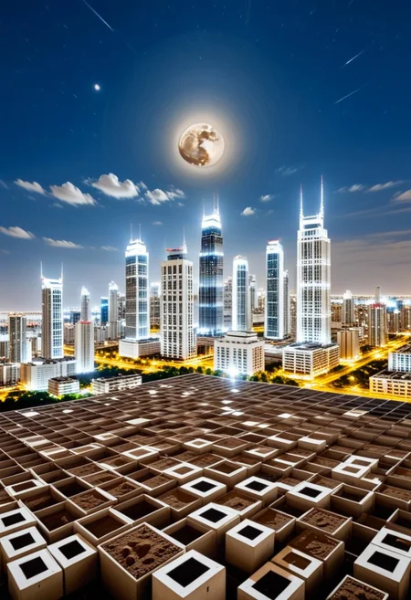 night, dark blue sky with blurry white clouds, full moon, black rectangular skyscrapers with small windows in which white light is visible, metal superstructures are visible at the tops of skyscrapers, brown cubes and a few gray cubes are visible at the base of skyscrapers, the earth is brown mud or clay