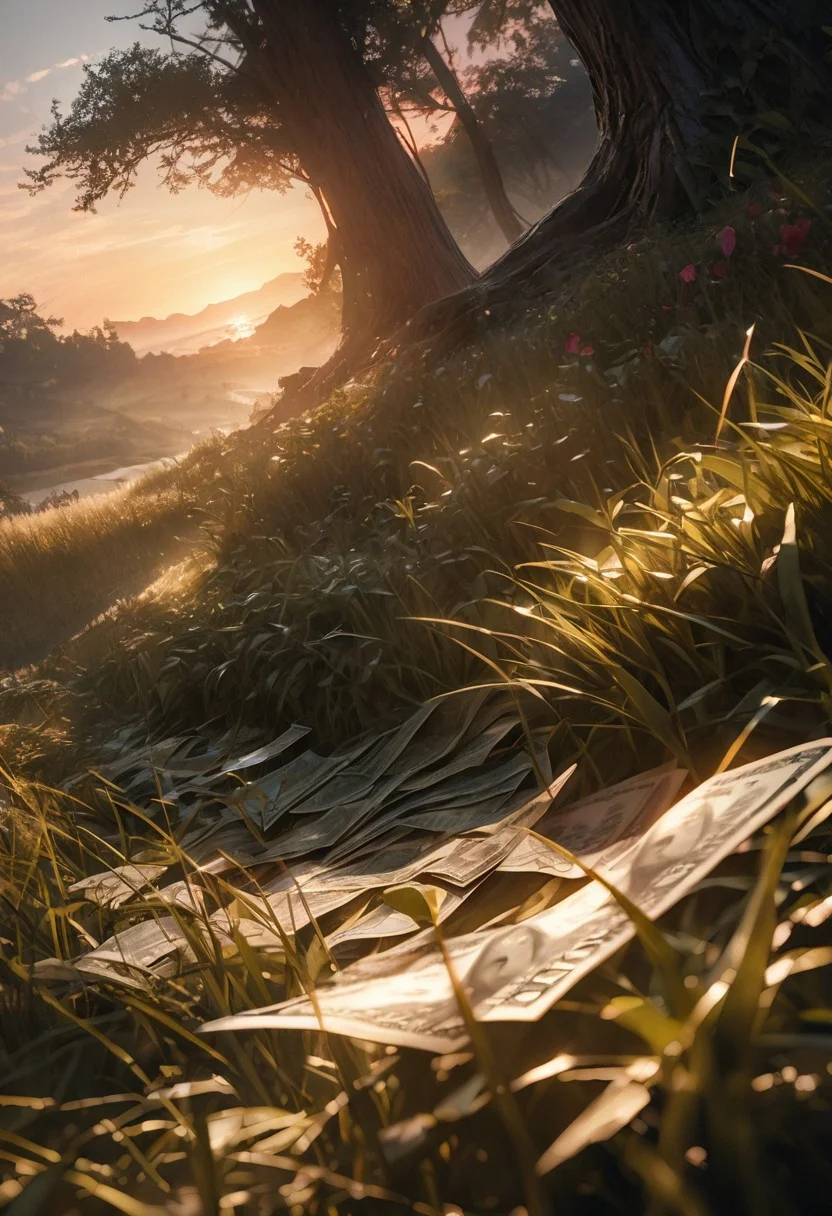 (best quality, 8k, high res, masterpiece:1.2), photorealistic, ultra-detailed, vibrant photography of a picturesque money orachard at sunset, wads of hunded dollar bills grow from gorgeous tree heaviy with ripe cash-rolls, dollars line the lush grasses of the meadow, beauty and abundance of nature in exquisite detail. (dynamic angle, cinematic lighting, ethereal atmosphere:1.1), (extremely detailed:1.2), (vivid colors:1.3), (perfect composition:1.2), (sharp focus, stunning realism:1.2)