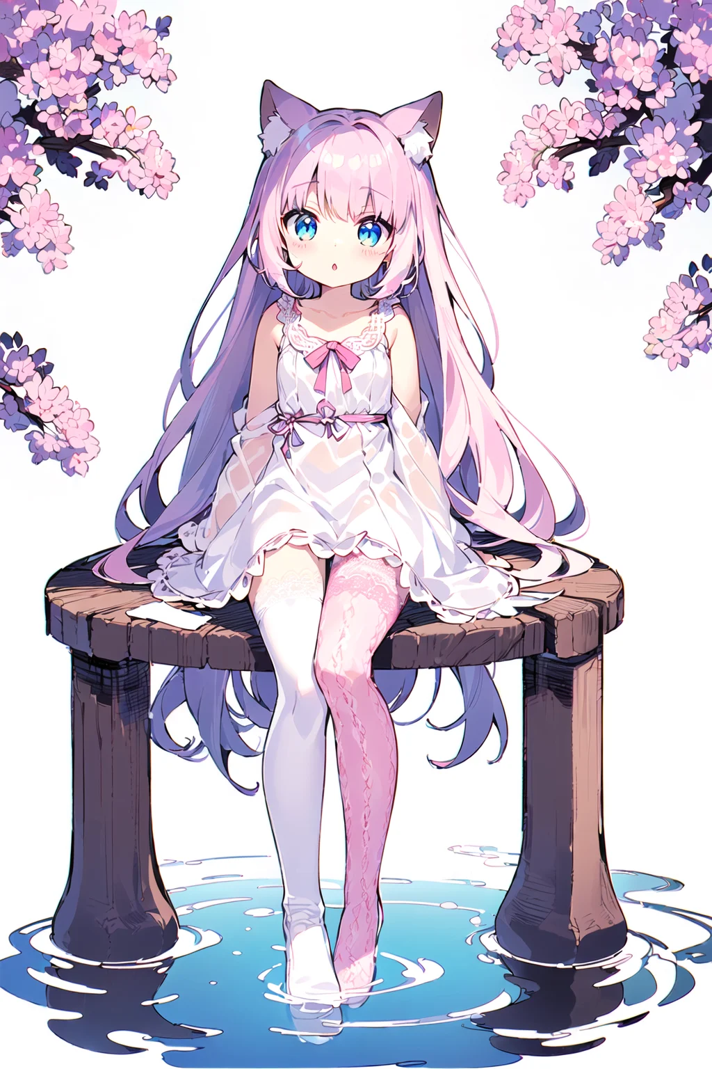 (white background:1.4),
(((mauve:0.2|pink:0.5|legwear|long|lace:1.3))),
high contrast,masterpiece,best quality,
hatsumoude, tree,
full body,aged down, summer,illustrator,water spring,
1girl, cat girl,no shoes,
white shirt,shirt,
blue eyes, white hair, long hair