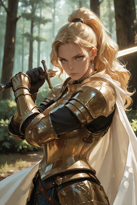1girl, weapon, armor, sword, blue eyes, holding weapon, solo, blonde hair, holding sword, looking at viewer, cape, holding, forest, long hair, white cape, nature, shoulder armor, ponytail, gold armor, gloves, breastplate, outdoors, nose, pauldrons, tree, from side, blurry background, closed mouth, blurry, knight, bush, plate armor, wavy hair, vambraces, black gloves, gauntlets, upper body, standing, faulds, two-handed, earring, reflection, fighting stance, glowing sword
<lora:rimixO:0.65>, masterwork, masterpiece, best quality, detailed, depth of field, , high detail, best quality, very aesthetic, 8k, dynamic pose, depth of field, dynamic angle, adult, aged up
