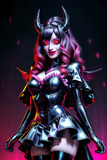 MEvil, DemonicT, EvlSM, Bad_End_Precure, DarkPrecure, adult, evil corrupted princess wearing dark pastel (ruffled:1) (gleaming latex:1) gown with (long latex cape:1) and latex elbow gauntlets, soft lighting, ruffles,
(makeup, lipstick, mascara, eyeshadow),
(blue skin, black sclera, colored sclera, colored skin, yellow eyes, demon wings, demon horns, slit pupils),
(red eyes, colored skin, glowing eyes, evil smile),
<lora:more_details:1>,