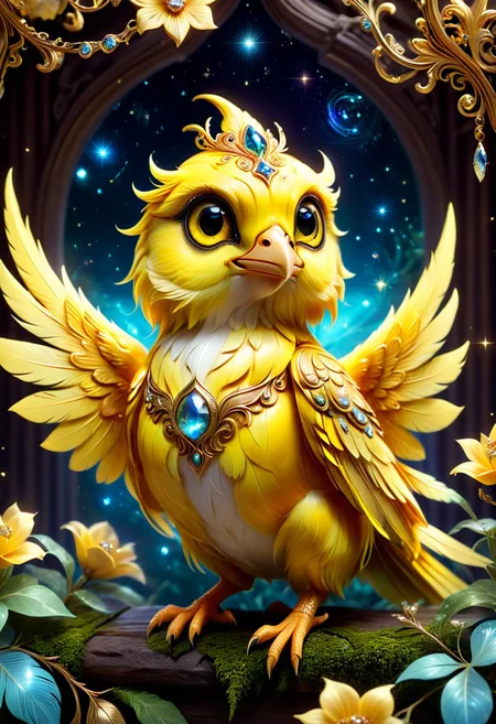 A small and cute yellow canary spawns an adorable non-human celestial animal in the celestial and fantasy style. the animal is supposed to be the most beautiful animal ever created. Consider details such as soft, feathers, silk, satin, shimmer and shimmer. Include subtle details of ghostly iridescence. emphasize small fancy details and ornate jewelry. Camera: Use interesting and dynamic composition. increase visual interest. lighting: use ambient lighting that enhances the atmosphere of the fantasy. include bright colors and deep shadows. hires, detailed eyes, hires detailed eyes, hires small details, elaborate details, ornate, 8k, shimmer, unity, official cgi unreal engine, high resolution, (((masterpiece))), high quality, high resolution, detail enhancement, (bright and light-eyed),