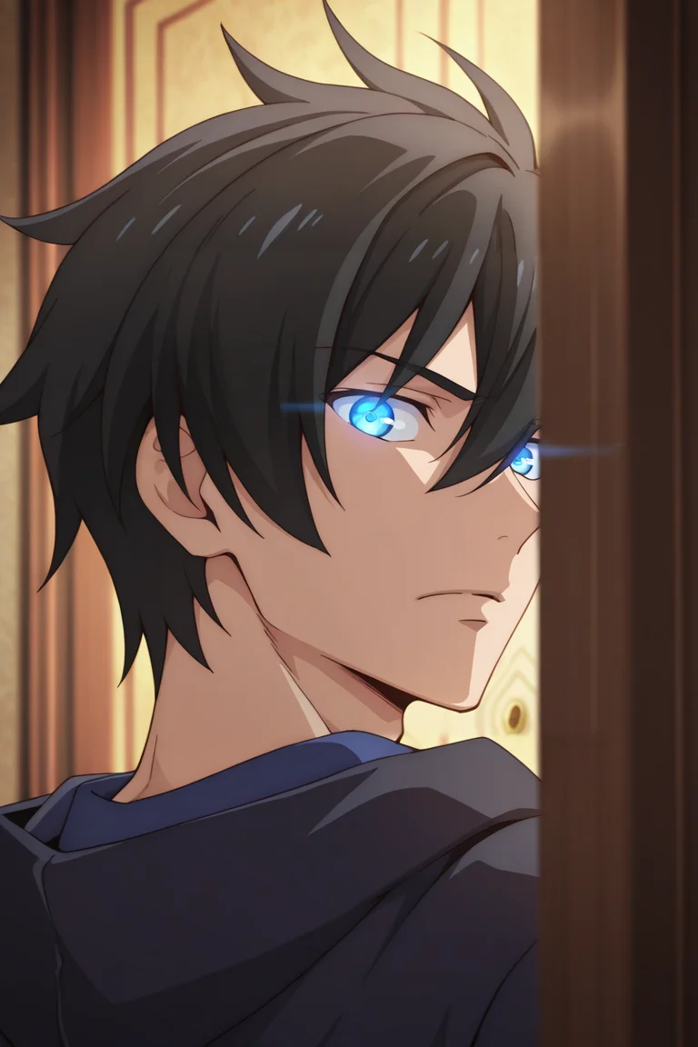 masterpiece, best quality, amazing quality,high resolution, intricate details,official style,depth of field,anime screencap, , , 1boy, solo, male focus, <lora:kelvin_celsius:0.72>,kelvin celsius,black hair,blue eyes,side swept,short hair,serious,closed mouth,glowing eyes,door,indoors,from behind,look back,close-up