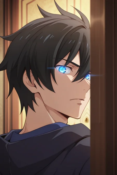 masterpiece, best quality, amazing quality,high resolution, intricate details,official style,depth of field,anime screencap, , , 1boy, solo, male focus, <lora:kelvin_celsius:0.72>,kelvin celsius,black hair,blue eyes,side swept,short hair,serious,closed mouth,glowing eyes,door,indoors,from behind,look back,close-up