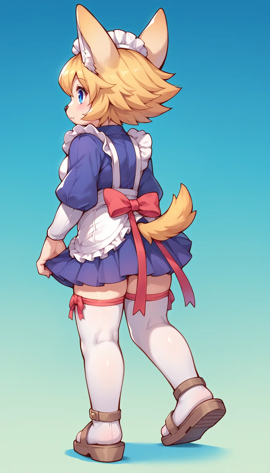 score_7_up, score_6_up, source_anime
BREAK
<lora:FloPDXL:1>  floSR, full body, solo, 1girl, dog girl, walking, from behind, looking back, furry female, blue eyes, animal ears, animal nose, tail, blonde hair,  shiny hair, short hair, cute, maid, maid headdress, maid apron, frills, red bow, ribbon, puffy sleeves, thighhighs, leg ribbon, sandals, :<,  zettai ryouiki, zPDXL2, gradient background, blue background