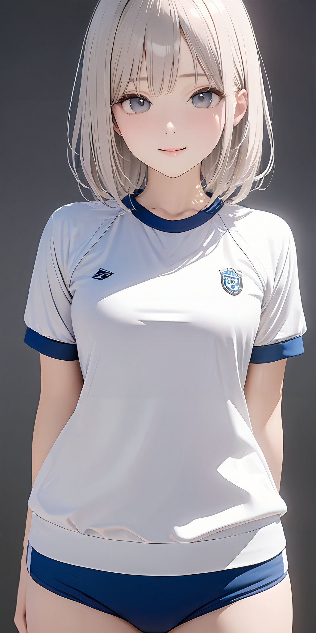 masterpiece,ultra-detailed,best quality,8K,illustration,cute face,clean skin ,shiny hair,girl,simple background,
 <lora:add-detail-xl:1> <lora:buruma_XL_V1.0:0.6> sgu,gym uniform, white shirt,blue buruma