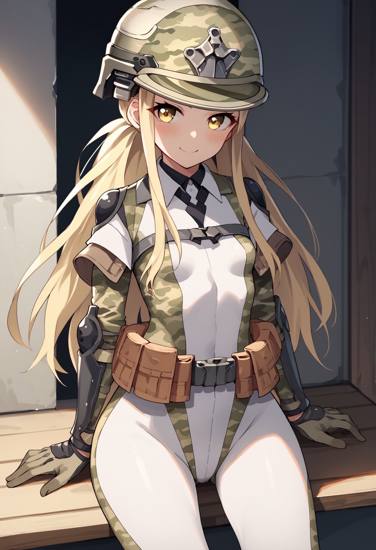 score_9, score_8_up, score_7_up, source_anime BREAK 1girl, solo, <lora:soldierfa-nikke-richy-v1_pdxl:1> sldrfa, blonde hair, long hair, helmet, yellow eyes, smile, blush, white bodysuit, camouflage, shoulder pads, belt pouch, gloves, looking at viewer, sitting, small breasts