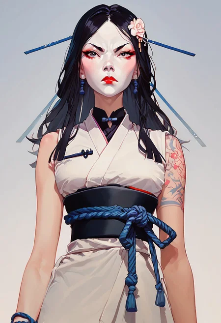 score_9,score_8_up,score_8,score_9,(((pastel colors, high contrast,expressiveh,solo focus, ))), (1girl, standing, looking at viewer)  rimlight, asian, Kuroku, white Japanese clothes, white clothes, one arm sleeveless, black hair, red lipstick, hair ornament, museum background, black sash, blue rope, angry expression, tattoo, long hair, white face,