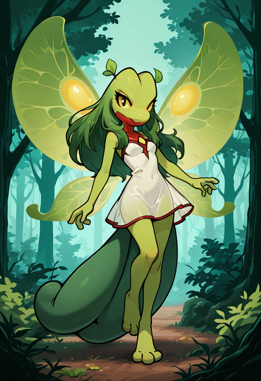 masterpiece, best quality, 1girl, solo,    zzTreecko,   ,<lora:TreeckoPokedex_IXL:1.0>,   1girl, abstract outfit, flowing semi-transparent dress, gradients of green to red, stylized leaf wings, bare feet, glowing freckles, long hair, floating pose, digital trees, dreamlike forest, serene face, ambient lighting Her outfit blurs between dress and digital foliage â translucent fabric that shifts from vibrant green at the shoulders to a rich red near the hem. Leaf-shaped glyphs orbit her. Delicate "wings" of stylized leaves grow from her back, and her bare feet drift above glowing digital moss. She embodies the spirit of the forest in a dreamlike vision.