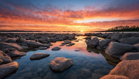 amazing photograph of gorgeous view, award winning, breathtaking, photo of the year, 4k, hyperrealistic, dramatic lighting <lora:Earth35_000010:0.4> <lora:Landscape_Unleashed:0.8>
This image captures a serene sunset scene. The sky, awash with hues of orange and pink, serves as a stunning backdrop to the tranquil landscape below. The sun, partially obscured by clouds, is seen setting on the horizon, casting long shadows across the land. The foreground reveals a rocky shoreline dotted with boulders of various sizes. These rocks, weathered and eroded by time, add texture and depth to the scene. Further back, the calm surface of the lake mirrors the vibrant colors of the sky, creating a harmonious blend between land and water. In the distance, the outlines of trees can be discerned, their silhouettes adding another layer of contrast to the image. Above it all, the clear blue sky stretches out, punctuated only by the faint glow of the sunset. The colors in the photograph are predominantly warm and inviting, with the cooler tones of the water providing a pleasing counterpoint. The overall composition of the image suggests a peaceful end to the day, as nature transitions from daylight to nighttime.
