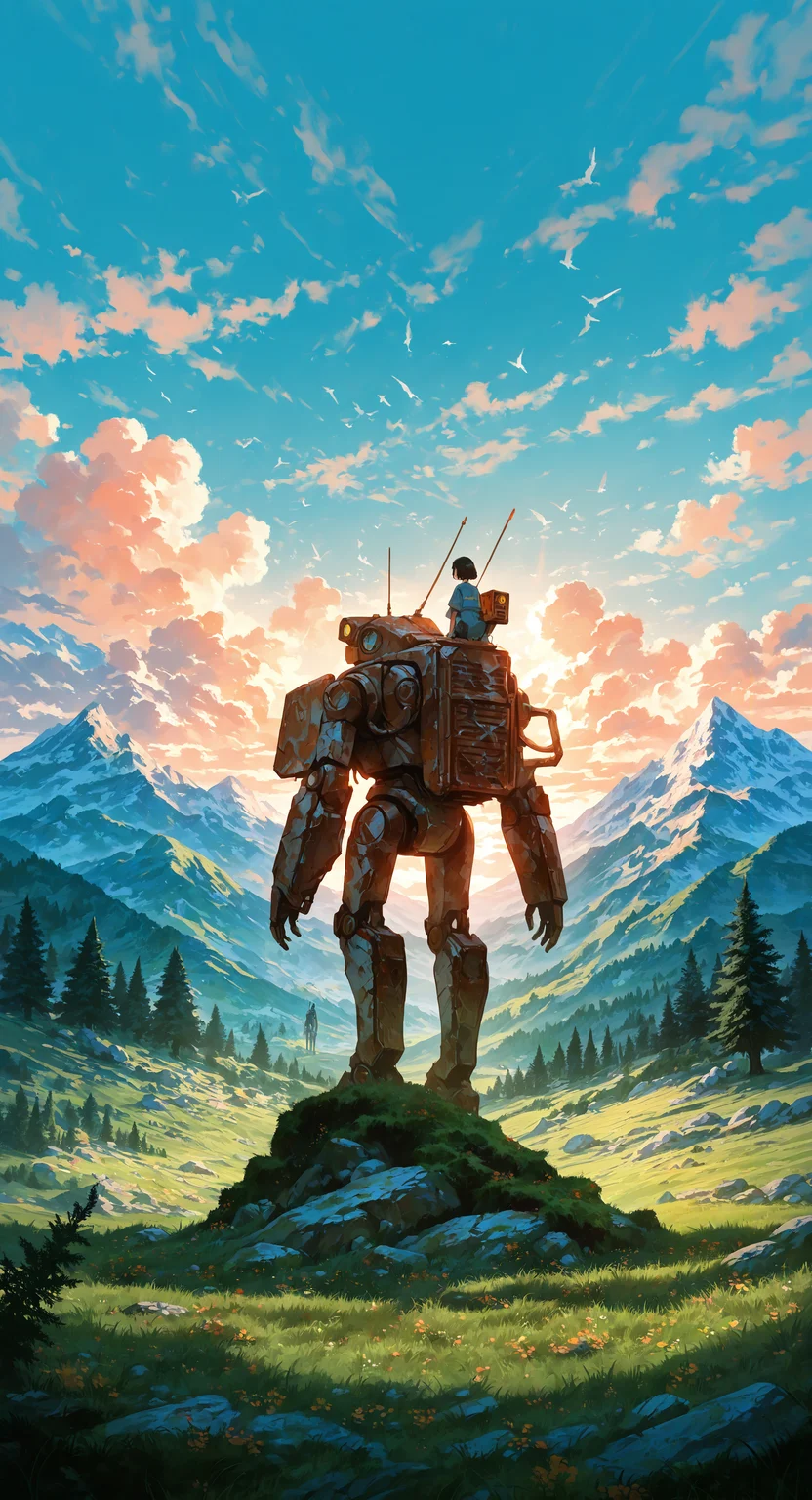 masterpiece, best quality, good quality, very aesthetic, absurdres, newest, solo, standing, flower, outdoors, sky, day, cloud, from_behind, blue_sky, tree, bird, grass, cloudy_sky, robot, 1other, scenery, nature, mecha, science_fiction, rock, mountain, field, mountainous_horizon, damaged, radio_antenna, hill, moss, pine_tree, rust,
A little girl sitting on the shoulders of a robot,
Nature Reclaiming Civilization, Wide Shot, sunset, backlit, backlighting <lora:spo_sdxl_10ep_4k-data_lora_webui:0.6> <lora:ponyv4_noob1_2_adamW-000017:0.7> <lora:USNR_STYLE_XL_lokr:0.45> <lora:backlitILL:0.6>