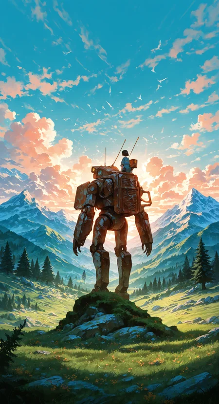 masterpiece, best quality, good quality, very aesthetic, absurdres, newest, solo, standing, flower, outdoors, sky, day, cloud, from_behind, blue_sky, tree, bird, grass, cloudy_sky, robot, 1other, scenery, nature, mecha, science_fiction, rock, mountain, field, mountainous_horizon, damaged, radio_antenna, hill, moss, pine_tree, rust,
A little girl sitting on the shoulders of a robot,
Nature Reclaiming Civilization, Wide Shot, sunset, backlit, backlighting <lora:spo_sdxl_10ep_4k-data_lora_webui:0.6> <lora:ponyv4_noob1_2_adamW-000017:0.7> <lora:USNR_STYLE_XL_lokr:0.45> <lora:backlitILL:0.6>