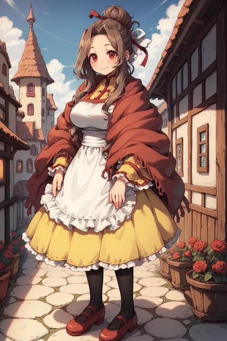 score_9, score_8_up, score_7_up, score_6_up, source anime, BREAK, <lora:Mistel:0.7> , misdef, 1girl, long hair, brown hair, red eyes, hair bun, hair ribbon, ribbon, dress, yellow skirt, frilled cuffs, red shawl, white apron, apron, black pantyhose, red shoes, full body, looking at viewer, smile, happy, mommy, motherly, closed mouth, serene, large breasts, (mature woman), <lora:zy_Detailed_Backgrounds_v1:0.3> , detailed background, highly detailed, exterior, town, village, <lora:d4rkpurpXLP:0.6> , d4rkpurp, (solo),