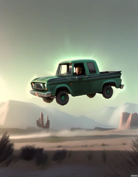 a Full-size pickup truck in The Matrix landscape at Mid-morning, sharp focus, detailed, sub surafce scattering, glow, dust, volumetric light <lora:TOONER_1_RC:0.9>