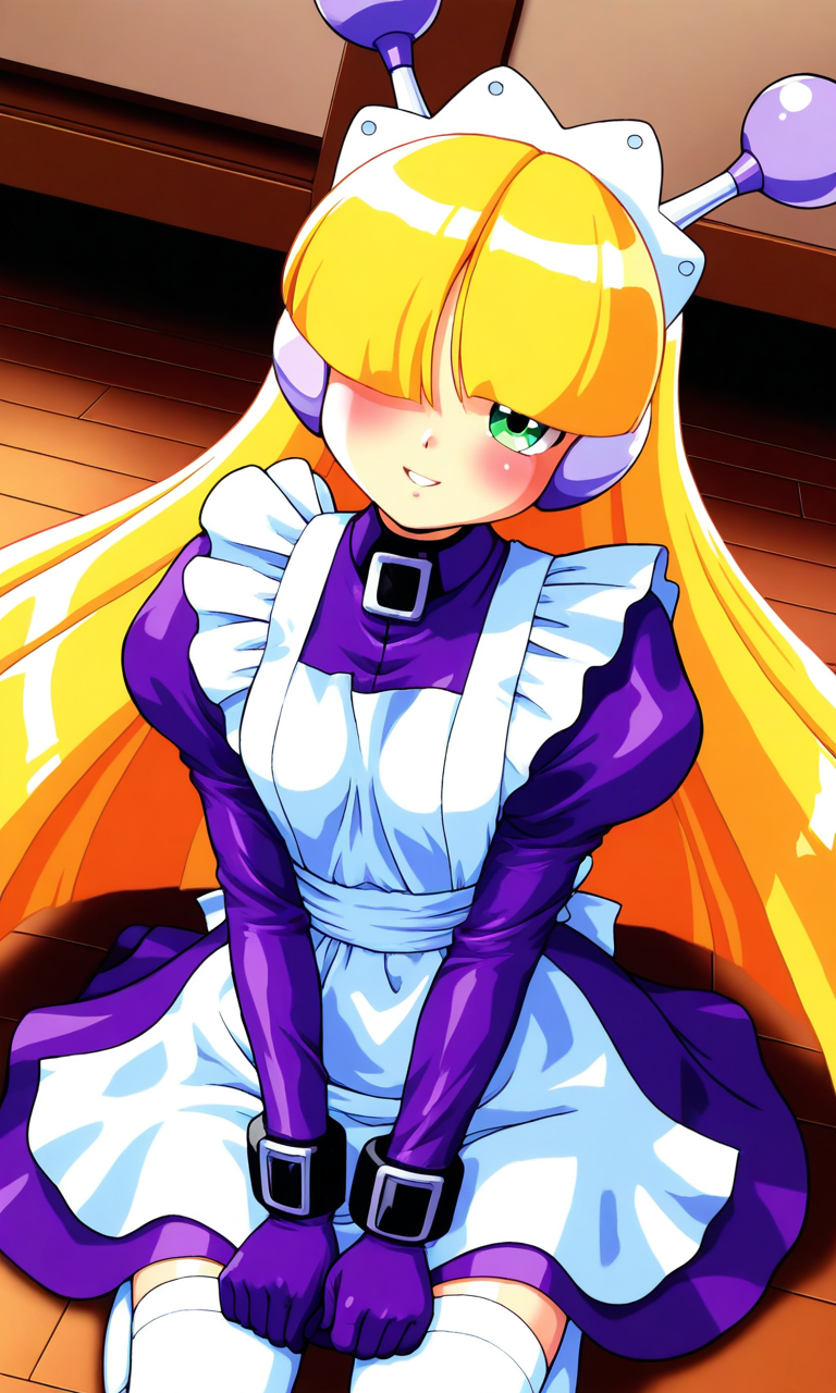 general,highres, ultra-detailed,very aesthetic,best quality ,best hands, BREAK <lora:Tesse_Lombrozo_WakuWaku7_Ver2.1_IS:1>
Tesse_Lombrozo, 1girl, solo, very long hair, blonde hair, bangs, robot ears, maid headdress, small breasts, 
green eye, hair over one eye, 
maid, purple dress, long sleeves, puffy sleeves, white apron, maid apron, juliet sleeves, white thighhighs, purple gloves,  
sitting, v arms, parted lips, smile, blush, seiza,
room, flooring,