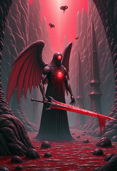 dynamic illustration of an incomplete blood angel in a surreal environment with grotesque biomorphic megastructure ruins and obelisks of stained glass piercing through the sky. The angel has glowing tendrils coming out of its back like wings made of photonic meat. There are colorless discs of pure black darkness with large eyes in their center floating through the air, evoking a menacing impression. The angel is holding a huge serrated sword-like weapon made of translucent materials, pointing it at the meaty sky in a threatening manner. The blade is covered in blood of corrupt creatures visible on the ground in their dismembered parts. The grimdark scenery is accentuated by an eerie red-pink light shining from above. <lora:flux\flux_The_Meatroom>