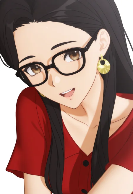 <lora:GBC_RW_illustrious-000012:1>,
GBC_RW,1girl,solo,earrings,jewelry,long hair,black hair,red dress,black-framed eyewear,open mouth,short sleeves,collarbone,brown eyes,looking_at_viewer,front view,(white background:1.2),slender,slender_waist,simple_background,3d,close-up,smile,upper_teeth