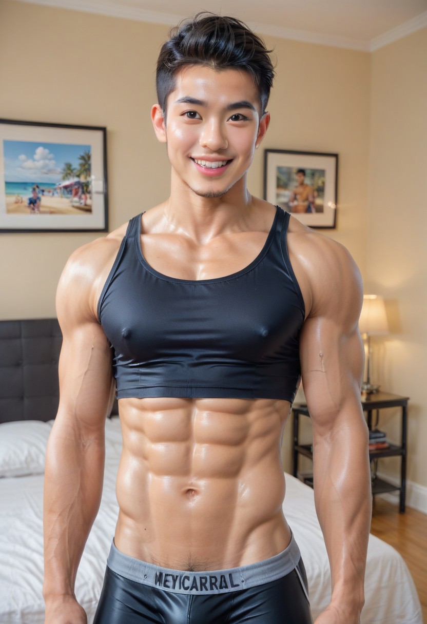 close-up of a fit Asian male, very muscular, photograph, ((masterpiece)), ((best quality:1.2)), High Resolution, 8k, (ultra_realistic:1.3), (photorealistic:1.4), sharp focus, man, (perfect nod face), extra wide-range, (wearing lycra), lycra crop top, (((lycra bulge))), male focus, shortest black hair, age 28, (perfect handsome young cute face:1.4), smiling, (shiny white skin:1.3), (attractive muscular hunk), (broad shoulders), large pectorals, depth of field, in a bedroom,