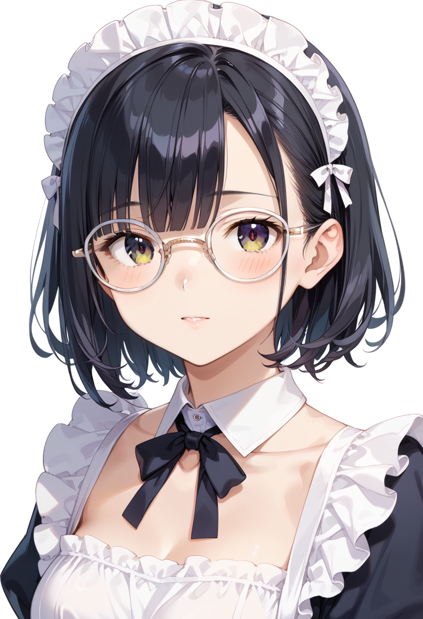 score_9, score_8_up, score_7_up, rating_safe, masterpiece, best quality, absurdres, unity 8k wallpaper, official art, official style, source_anime, uncensored, game cg, megami magazine,
1girl, solo, black hair, medium hair, upper body, covered eyes,maid, maid headdress, black dress, maid apron, face focus,
round_glasses22A, glasses, still life, white background, simple background, white-framed eyewear,
 <lora:glasses_Round_PONY_V1:1>