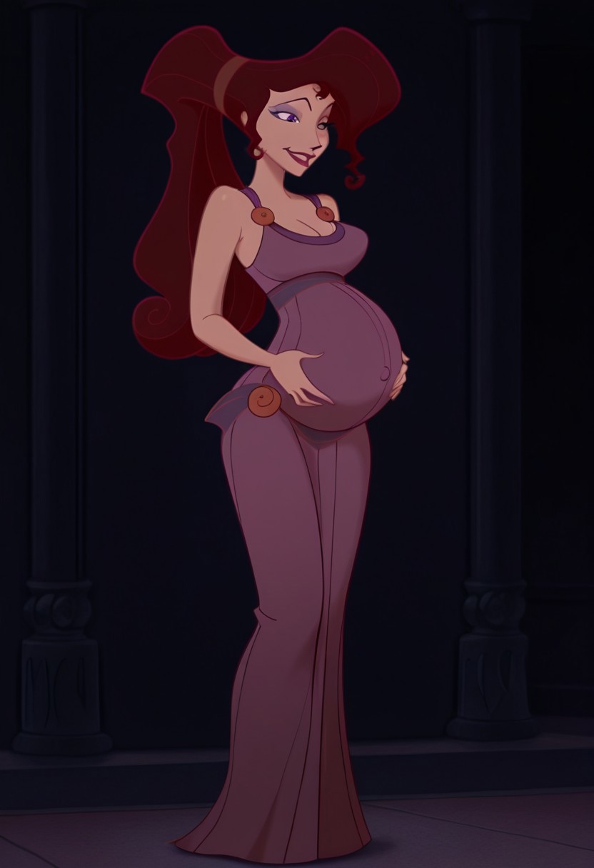 1girl, masterpiece, best quality, amazing quality, absurdres, <lora:Megara__Illustrious:1> m3g4r4, megara (hercules disney), long hair, tied hair, brown hair, purple eyes, purple Greek dress, cleavage, sexy makeup, lipstick, smiling, full body, pregnant, hand on tummy,