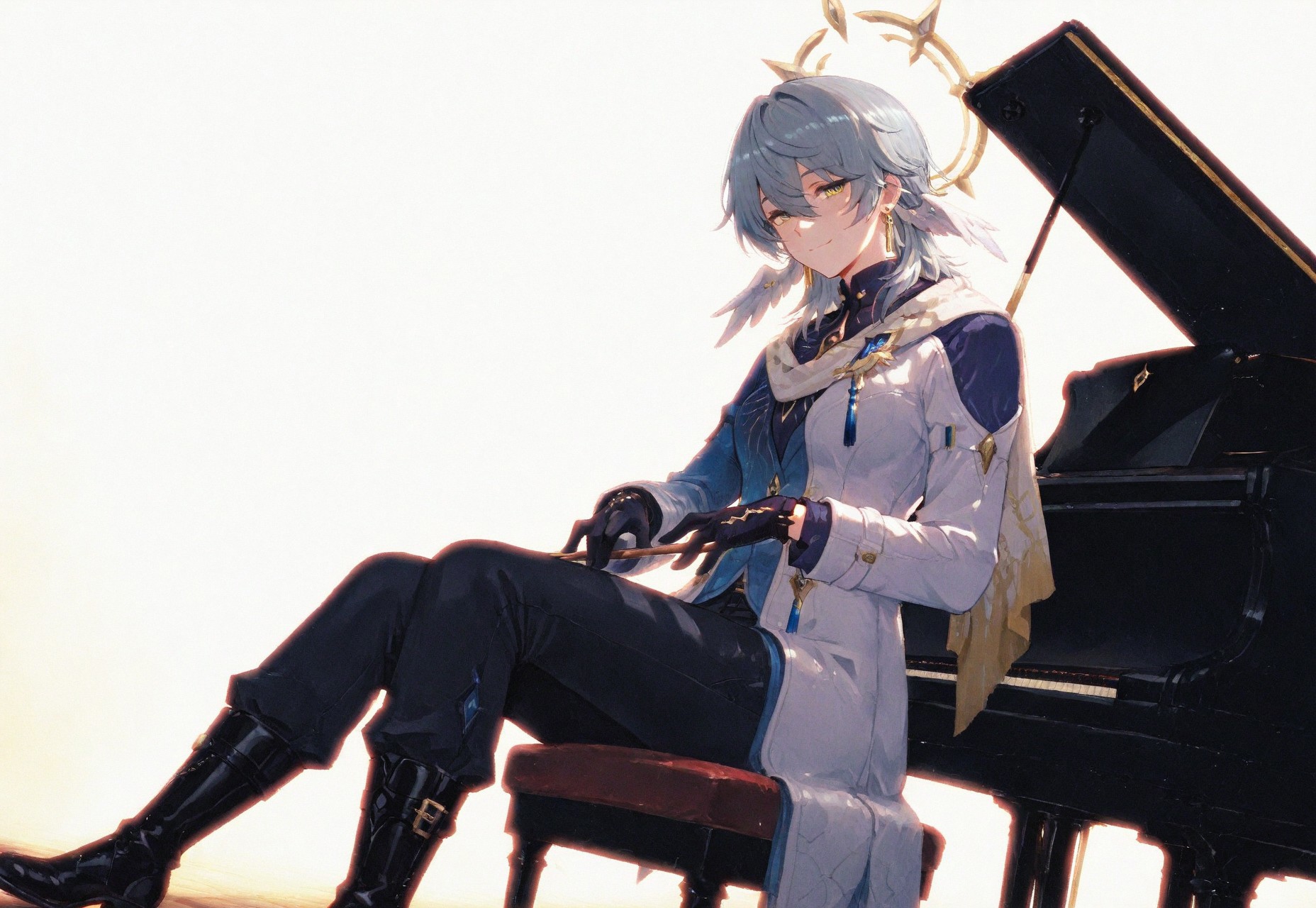 volumetric lighting, ambient occlusion, luminescent background, masterpiece, very awa, simple background,white background,(playing instrument), instrument, piano, sitting, grand piano,low angle, cinematic shot, looking at viewer, gentle smile, cinematic shot
BREAK
honkasund, 1boy, male focus, solo, yellow eyes, grey hair, medium hair, hair between eyes, wings, head wings, halo, jewelry, earrings, shirt, blue shirt, coat, multicolored coat, multicolored clothes, blue and white coat, scarf, brooch, gloves, black gloves, pants, black pants, boots, black footwear
