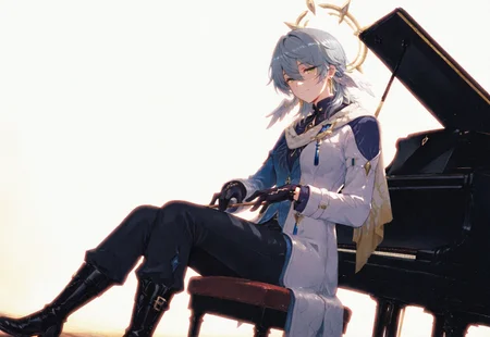volumetric lighting, ambient occlusion, luminescent background, masterpiece, very awa, simple background,white background,(playing instrument), instrument, piano, sitting, grand piano,low angle, cinematic shot, looking at viewer, gentle smile, cinematic shot
BREAK
honkasund, 1boy, male focus, solo, yellow eyes, grey hair, medium hair, hair between eyes, wings, head wings, halo, jewelry, earrings, shirt, blue shirt, coat, multicolored coat, multicolored clothes, blue and white coat, scarf, brooch, gloves, black gloves, pants, black pants, boots, black footwear