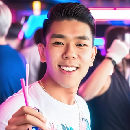 High-resolution portrait of a young mushim0to man with a bright smile, standing confidently in a bustling nightclub, holding a drink with a straw, vibrant mix of neon blue and pink lights, modern and trendy style, energetic and lively atmosphere, flashing club lights, midshot at eye-level perspective, smooth skin and soft fabric of floral t-shirt, present day, contemporary nightlife, joyful and confident expression, high-resolution digital photograph, casual club wear with floral patterns.