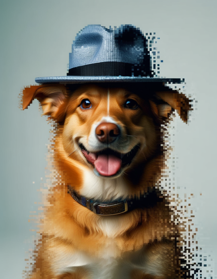 <lora:Aether_Pixel_v1_SDXL_LoRA:1> close-up of a dog in hat dissolving into pixels