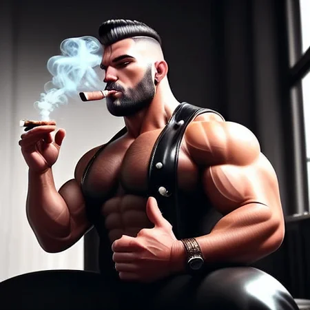 muscular man, Leather, Flattop haircut, cigar, smoking
