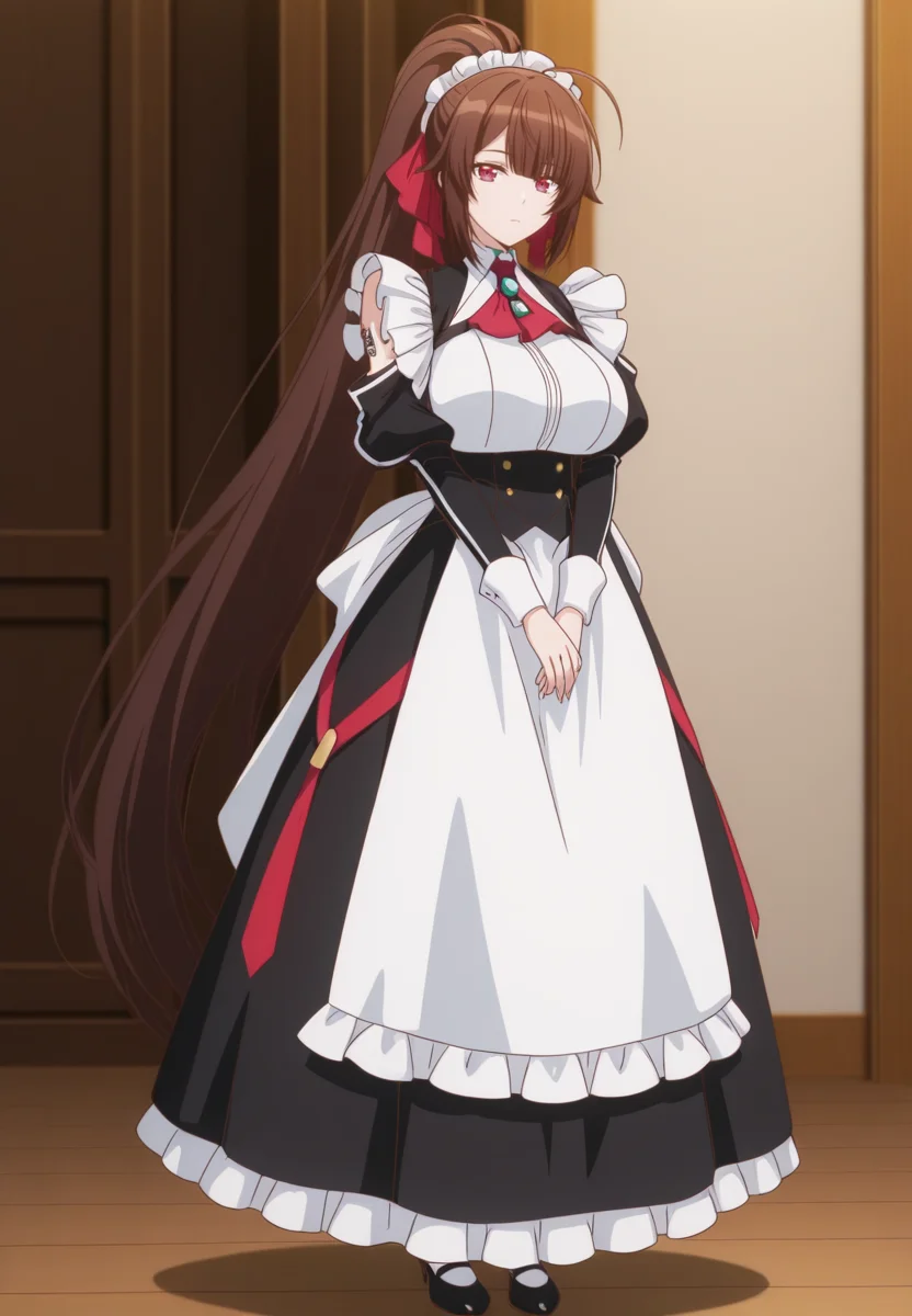 zPDXL3, score_9_up, score_8_up, score_7_up, ,Masterpiece,(perfect female body:1.2), small waist, (incredibly detailed:1.4), beautiful fingers, (large breasts:1.4) huge breasts, looking at viewer, <lora:Amagi_-_Ore_wa_Seikan_Kokka_no_Akutoku_Ryoushu-Kaleid_Illustrious:1> /amagi/, 1girl, very long hair, brown hair, red eyes, ponytail, ahoge, tattoo, hair ribbon, maid headdress, apron, full body,