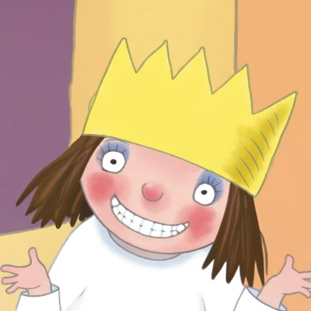 yellow crown, messy hair, short stature, black eyes, Score_9, Solo, large simple white gown, blue eyeshadow, small nose, short hair, standing, rosy cheeks, fair skin, smile, in a room, Princess_LP, dark brown hair, barefoot, 1girl